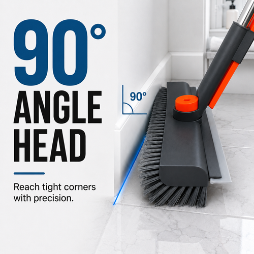 A floor squeegee with a black and orange handle is shown in a bathroom corner, demonstrating a 90-degree angle head. The left side of the image features text reading '90° ANGLE HEAD' and 'Reach tight corners with precision.