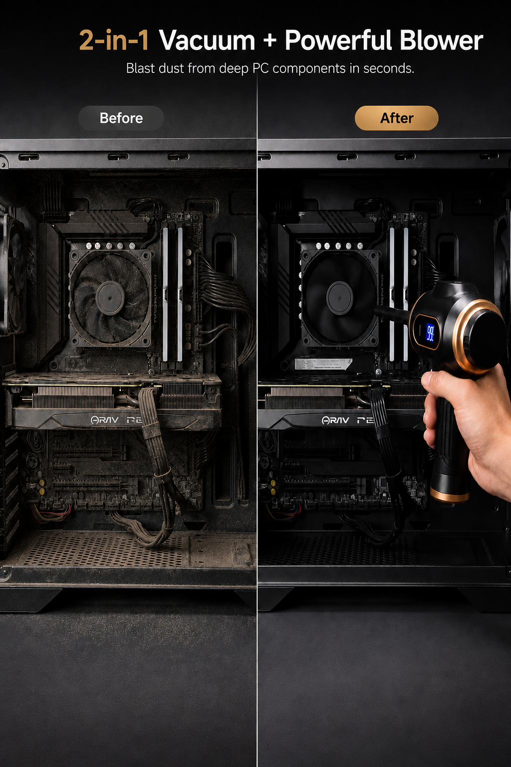 A split-screen comparison showing a dirty computer case labeled 'Before' on the left and a cleaner, blower-clean case labeled 'After' on the right. A hand is holding a black and gold handheld blower on the right side.