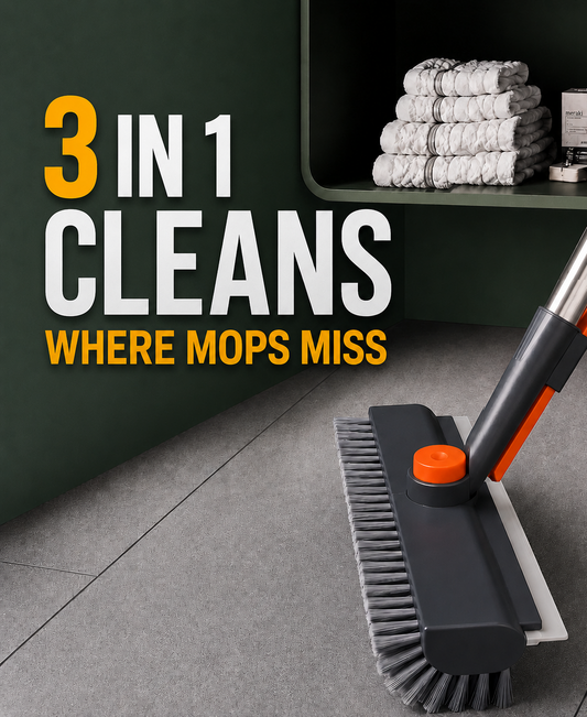 A 3-in-1 floor cleaning tool shown on a gray tiled floor in a bathroom setting, with a dark green wall and shelf in the background. The text overlay reads '3 IN 1 CLEANS WHERE MOPS MISS'.